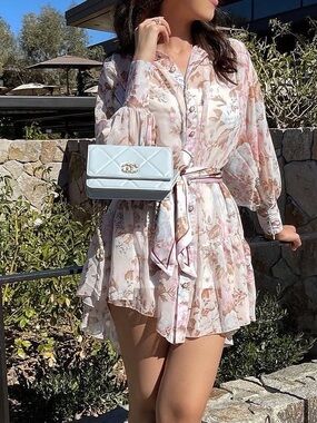 Floral Ruffle Button-Down Blouse in Pink & Cream